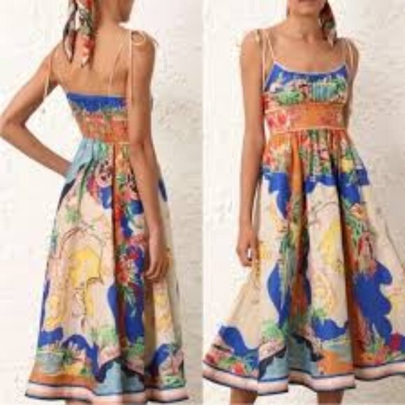 Christian Lacroix Alight Picnic nautical map blue linen blend midi dress size M - Picture 2 of 11